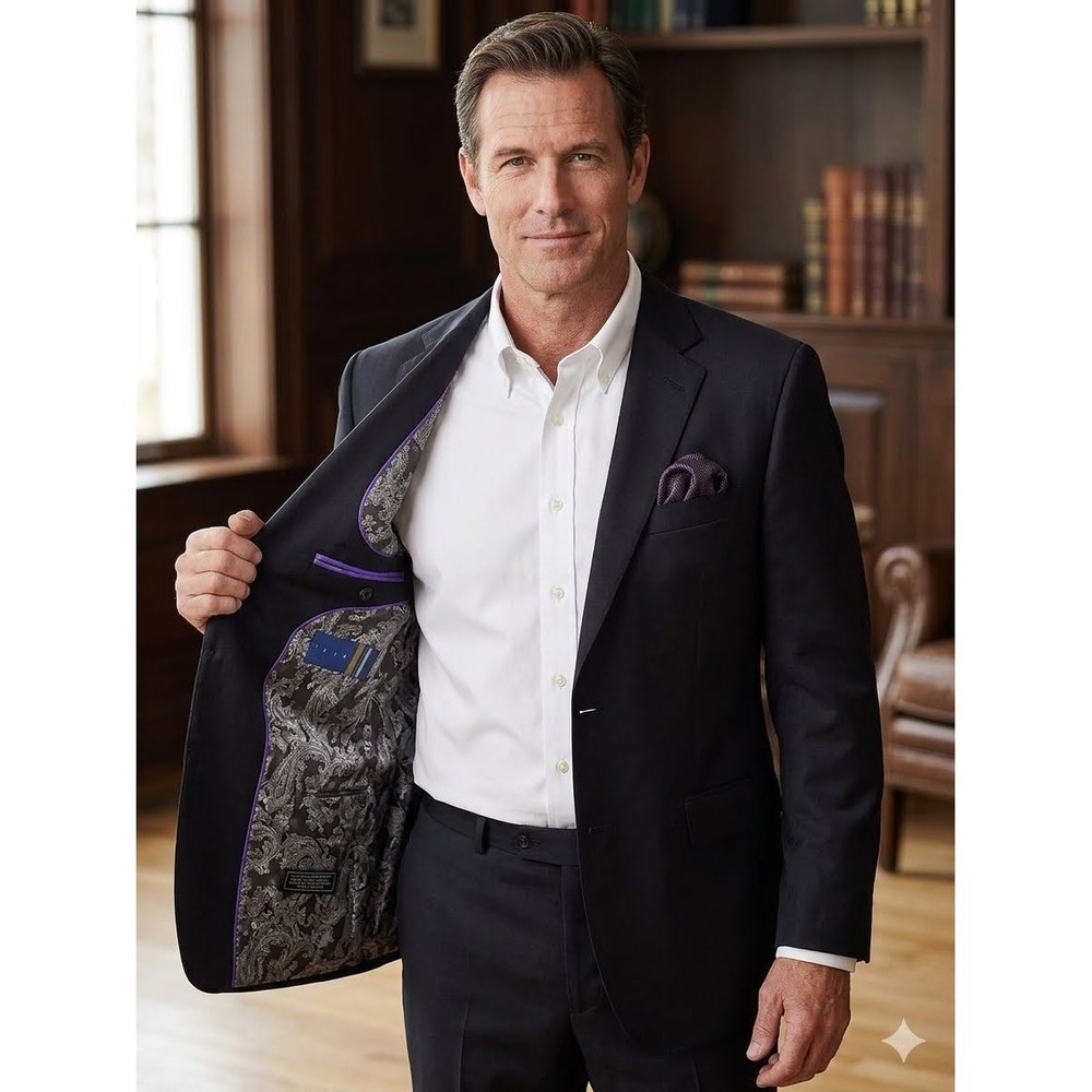Ibiza Mens Tuxedo Blazer Black 100% Virgin Wool Satin Peak Lapel 40R Paisley